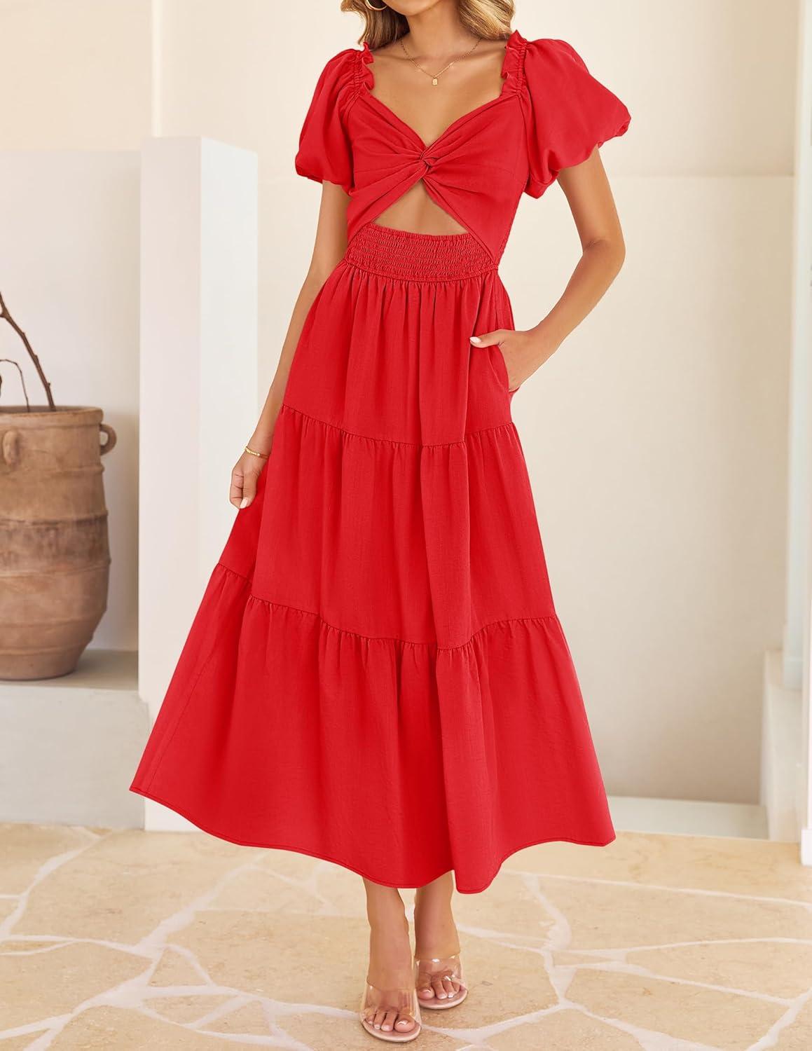 imageZESICA Womens Summer Casual Flowy Vacation Maxi Dress 2026 Short Puff Sleeve A Line Smocked Cutout Beach Party DressesRed