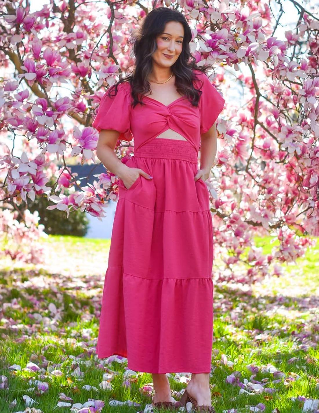 imageZESICA Womens Summer Casual Flowy Vacation Maxi Dress 2026 Short Puff Sleeve A Line Smocked Cutout Beach Party DressesRose
