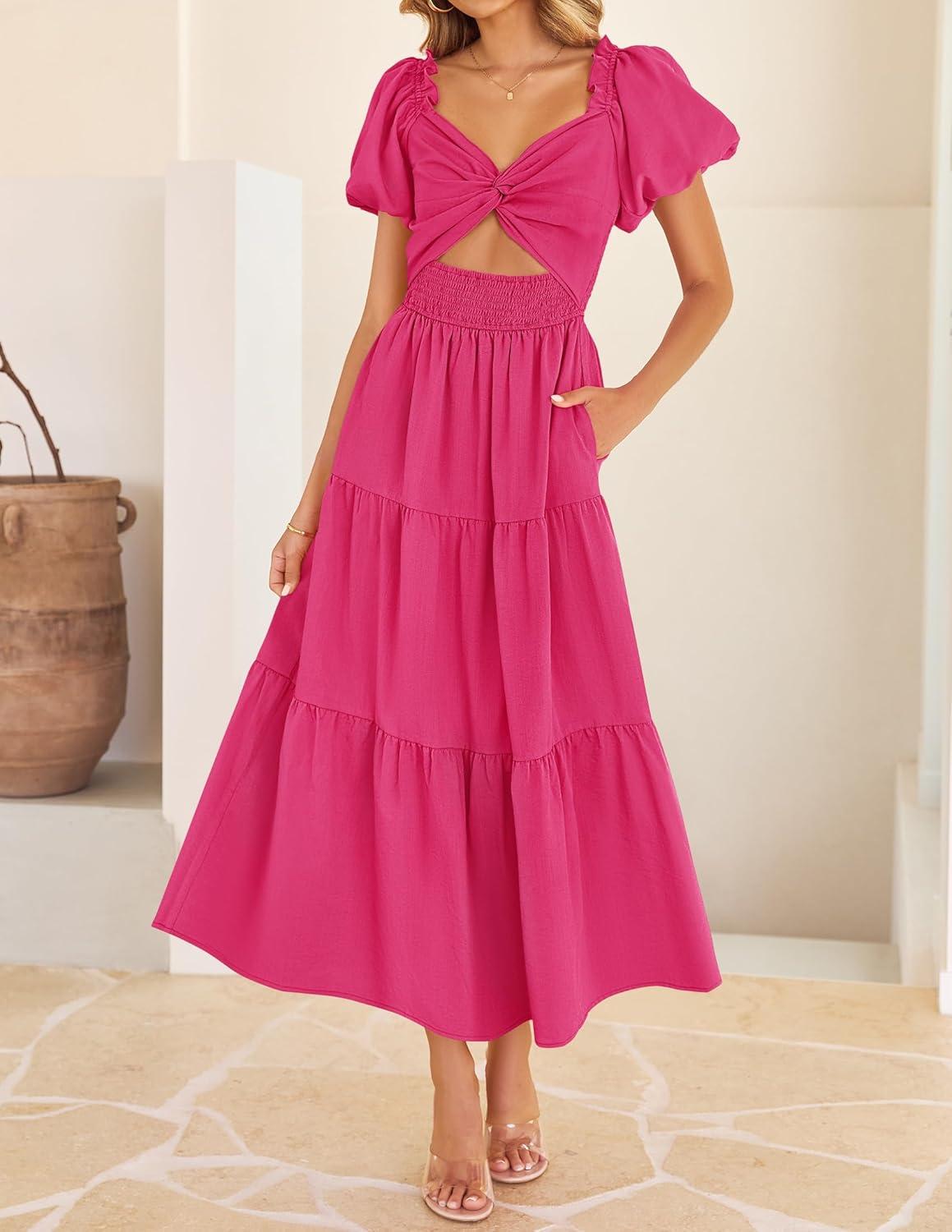 imageZESICA Womens Summer Casual Flowy Vacation Maxi Dress 2026 Short Puff Sleeve A Line Smocked Cutout Beach Party DressesRose