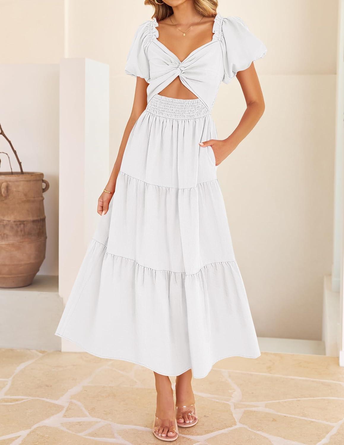 imageZESICA Womens Summer Casual Flowy Vacation Maxi Dress 2026 Short Puff Sleeve A Line Smocked Cutout Beach Party DressesWhite