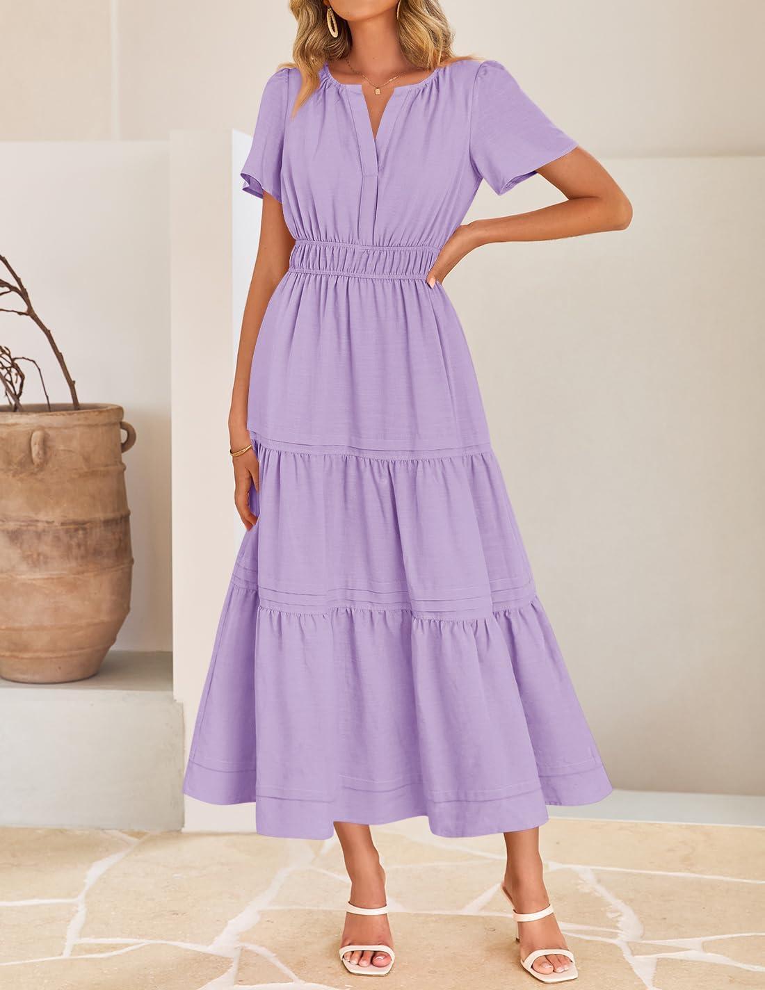 imageZESICA Womens Summer Casual Short Sleeve Midi Dresses 2026 V Neck Elastic Waist Tiered Flowy Boho Dress with Pocket