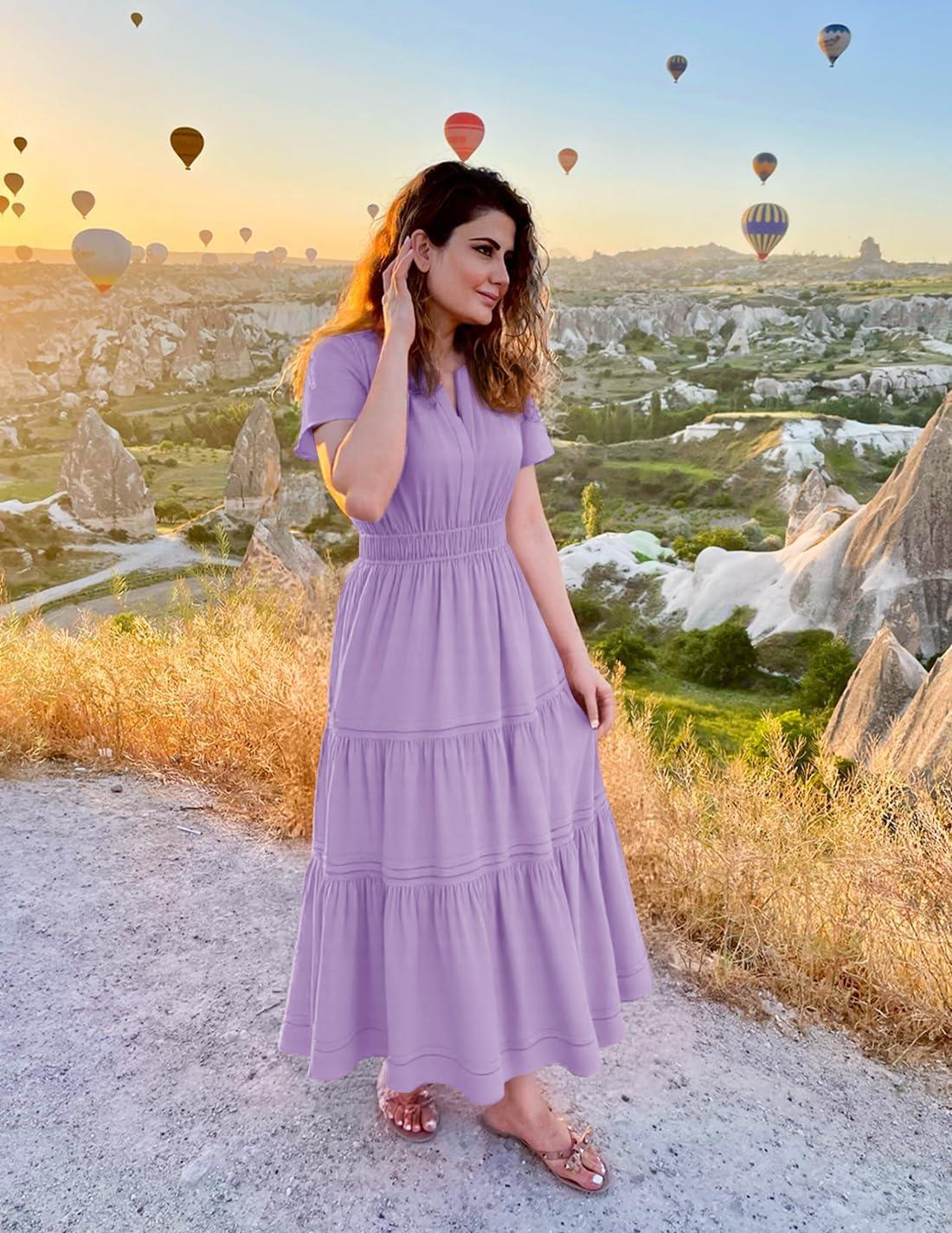 imageZESICA Womens Summer Casual Short Sleeve Midi Dresses 2026 V Neck Elastic Waist Tiered Flowy Boho Dress with Pocket