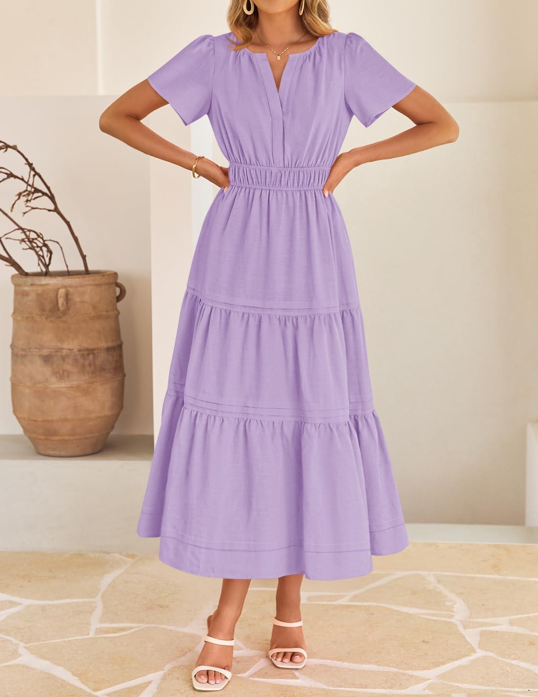 imageZESICA Womens Summer Casual Short Sleeve Midi Dresses 2026 V Neck Elastic Waist Tiered Flowy Boho Dress with Pocket