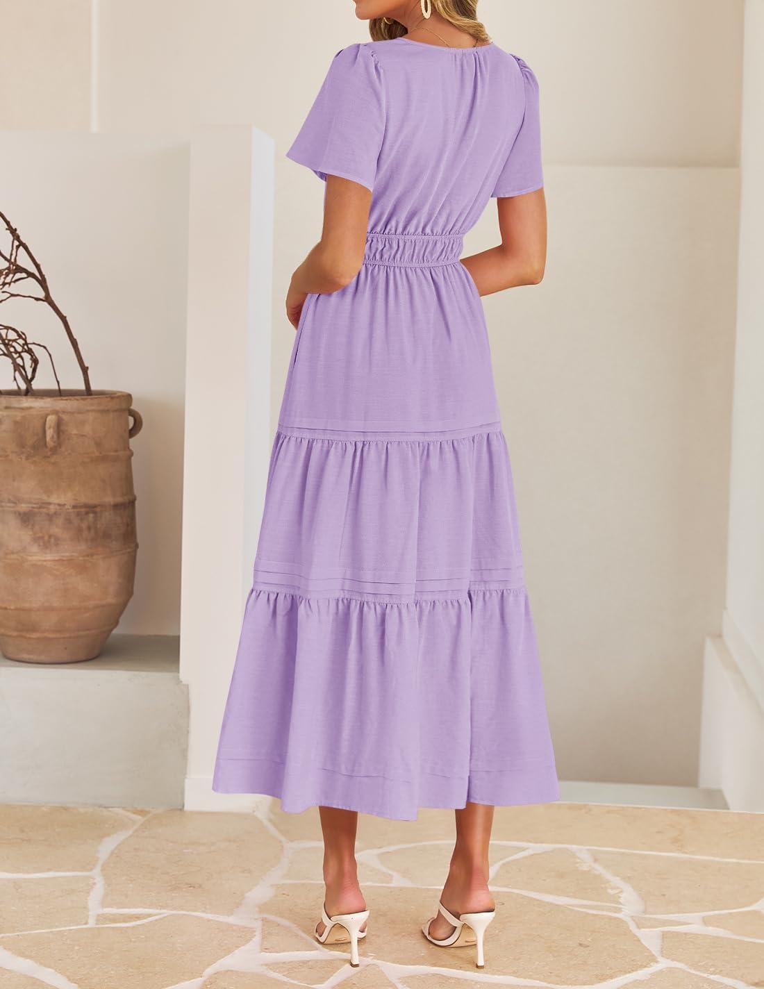 imageZESICA Womens Summer Casual Short Sleeve Midi Dresses 2026 V Neck Elastic Waist Tiered Flowy Boho Dress with Pocket
