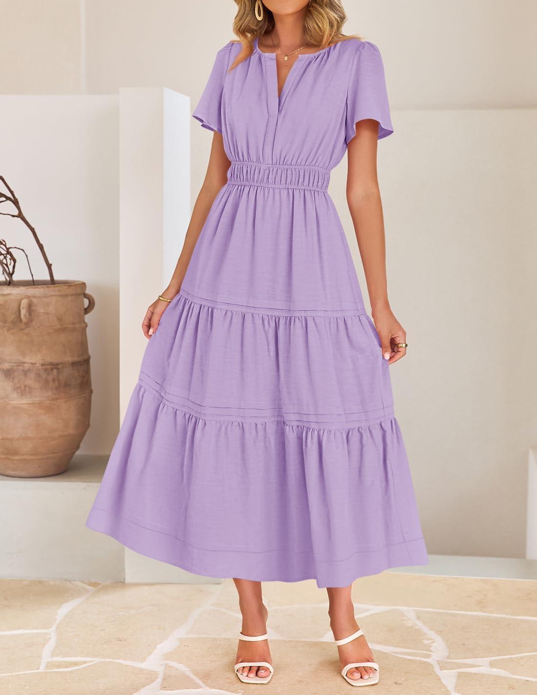 imageZESICA Womens Summer Casual Short Sleeve Midi Dresses 2026 V Neck Elastic Waist Tiered Flowy Boho Dress with Pocket
