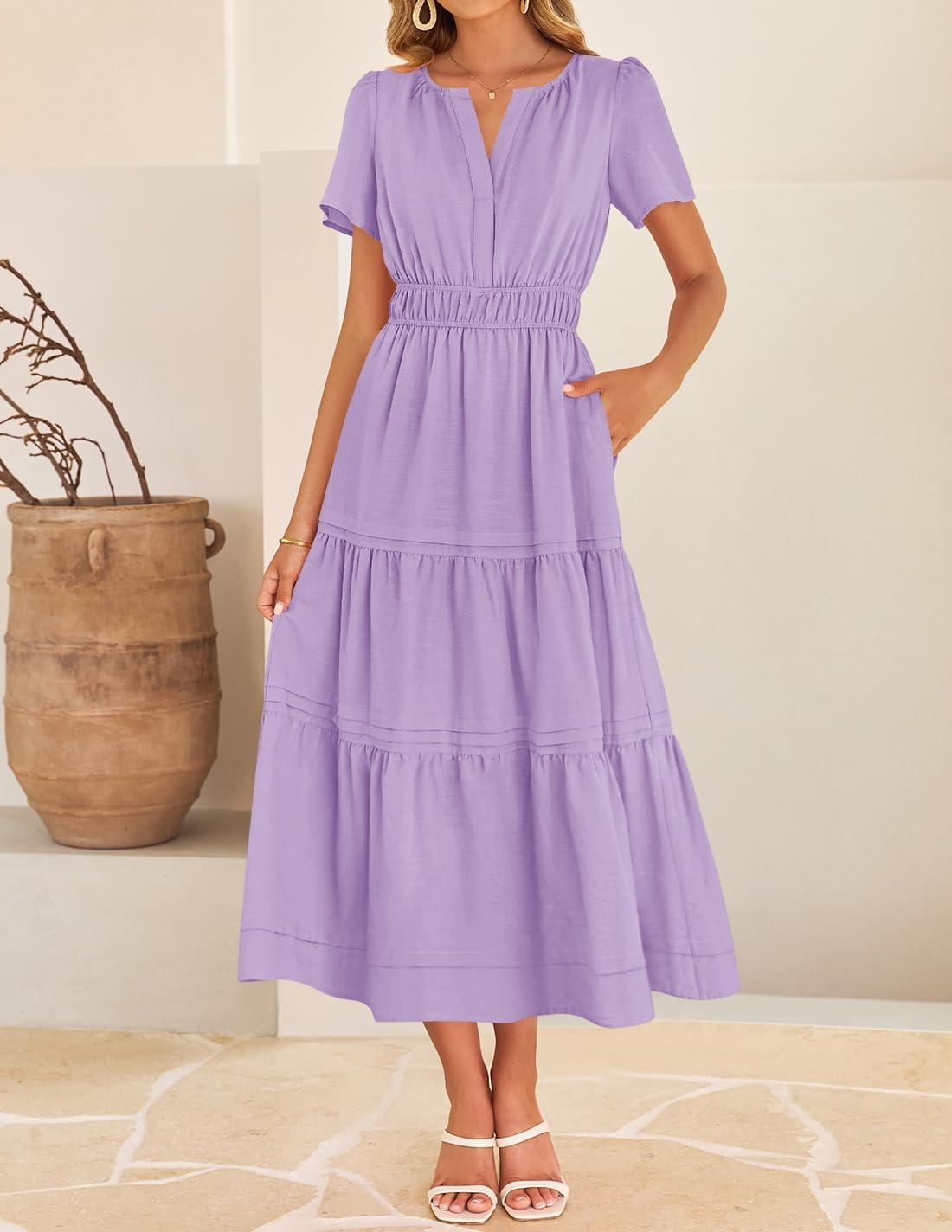 imageZESICA Womens Summer Casual Short Sleeve Midi Dresses 2026 V Neck Elastic Waist Tiered Flowy Boho Dress with Pocket