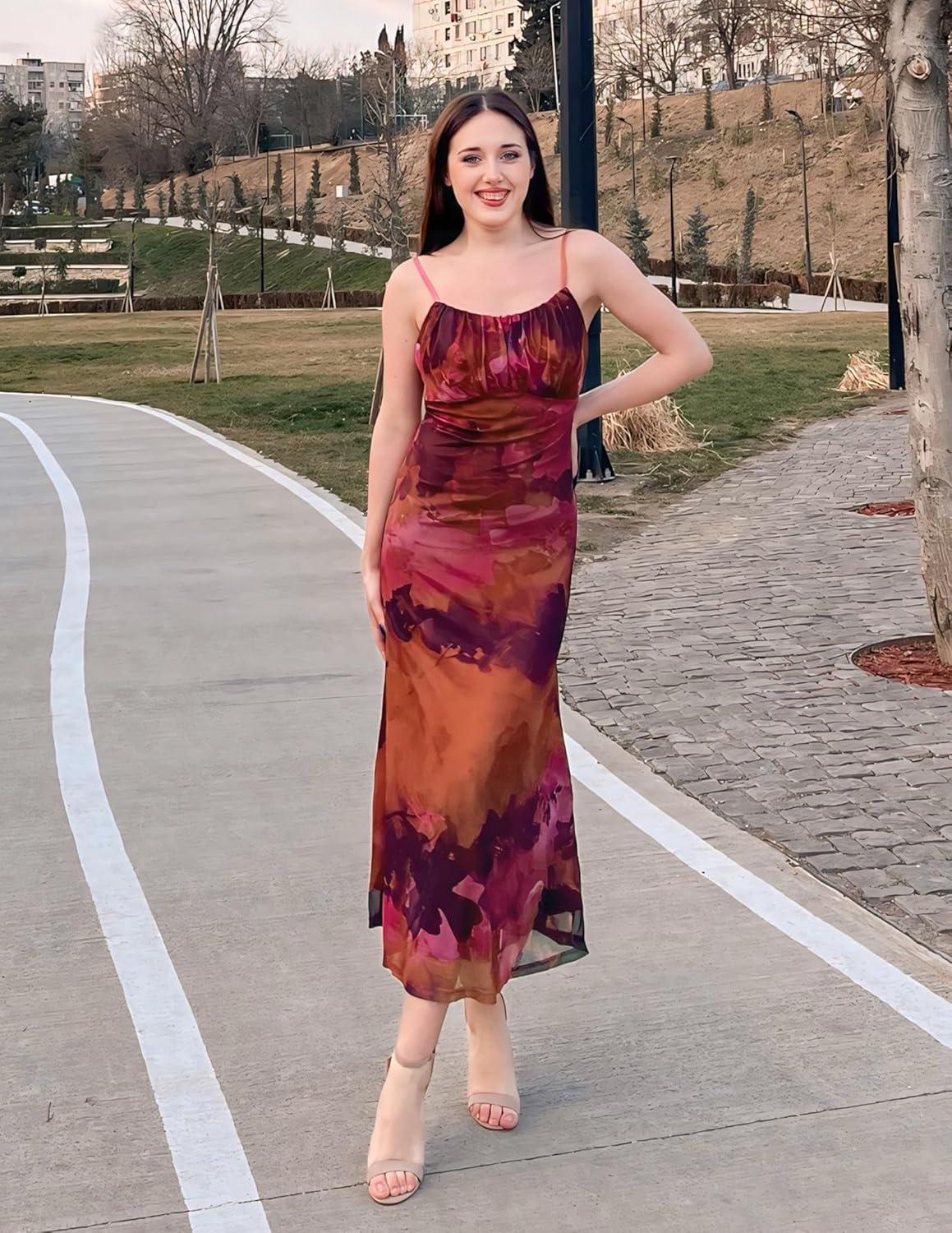 imageZESICA Womens Summer Floral Spaghetti Straps Maxi Dress 2026 Sleeveless Square Neck Bodycon Beach Boho Long DressesPurple