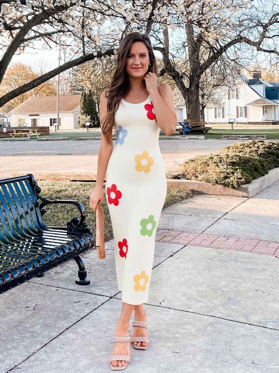 imageZESICA Womens Summer Knit Bodycon Midi Dress 2026 Sleeveless Floral Crewneck Color Block Long Beach Party DressesApricot