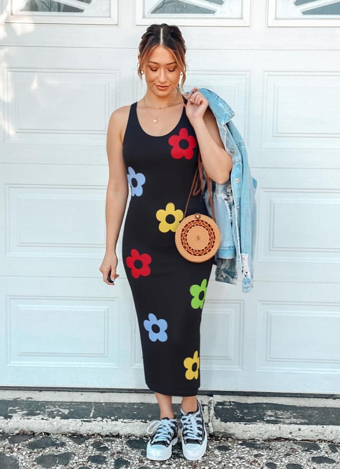 imageZESICA Womens Summer Knit Bodycon Midi Dress 2026 Sleeveless Floral Crewneck Color Block Long Beach Party DressesBlack