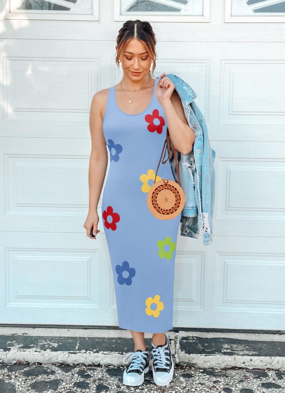 imageZESICA Womens Summer Knit Bodycon Midi Dress 2026 Sleeveless Floral Crewneck Color Block Long Beach Party DressesBlue