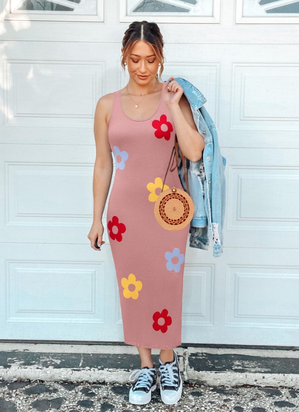 imageZESICA Womens Summer Knit Bodycon Midi Dress 2026 Sleeveless Floral Crewneck Color Block Long Beach Party DressesDustypink