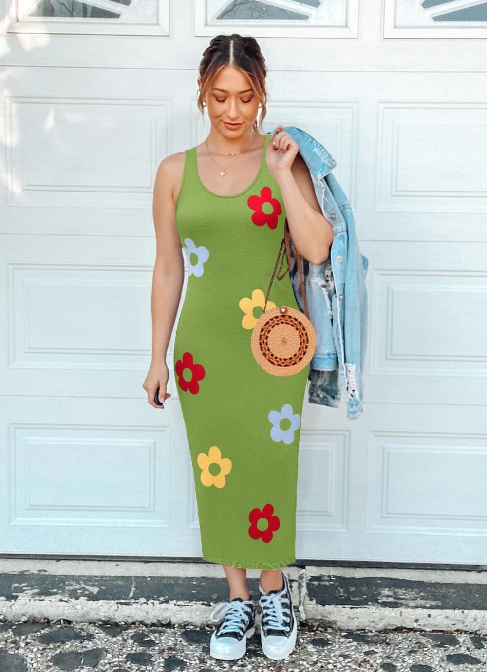 imageZESICA Womens Summer Knit Bodycon Midi Dress 2026 Sleeveless Floral Crewneck Color Block Long Beach Party DressesGreen