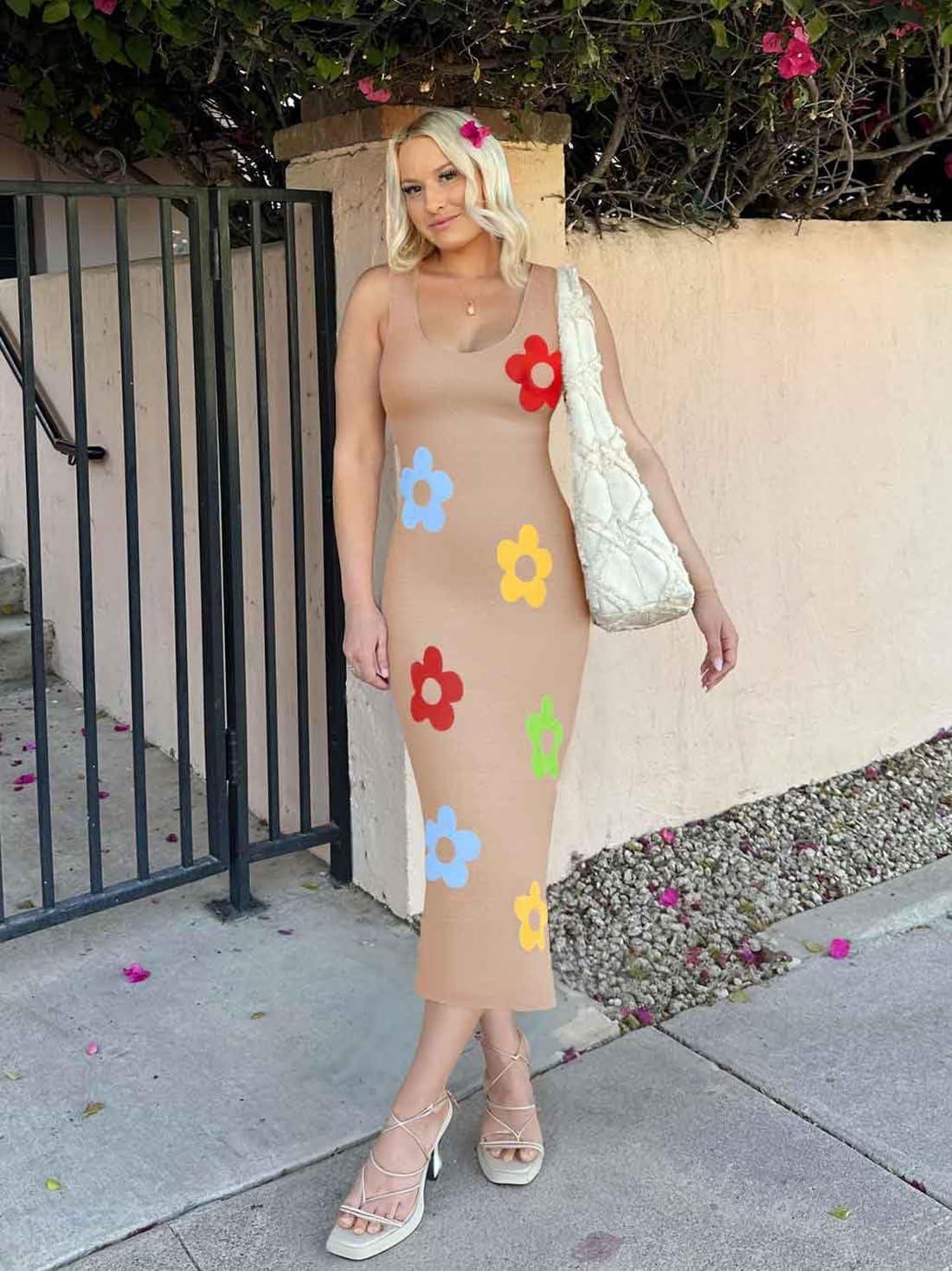 imageZESICA Womens Summer Knit Bodycon Midi Dress 2026 Sleeveless Floral Crewneck Color Block Long Beach Party DressesKhaki