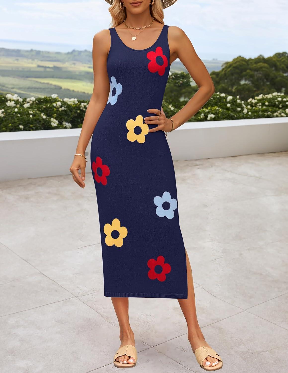 imageZESICA Womens Summer Knit Bodycon Midi Dress 2026 Sleeveless Floral Crewneck Color Block Long Beach Party DressesNavy