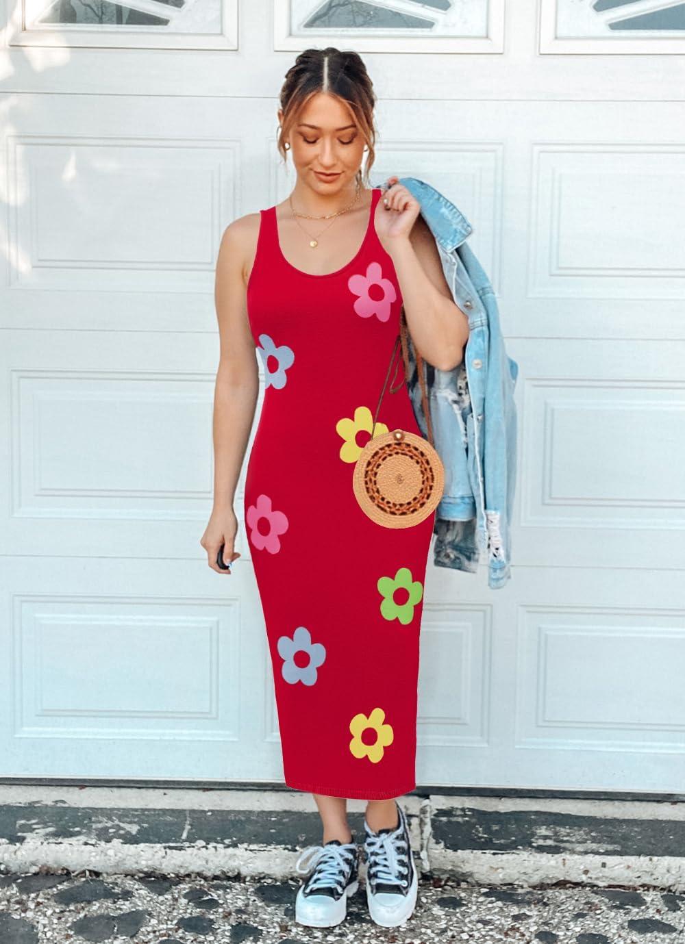 imageZESICA Womens Summer Knit Bodycon Midi Dress 2026 Sleeveless Floral Crewneck Color Block Long Beach Party DressesRed