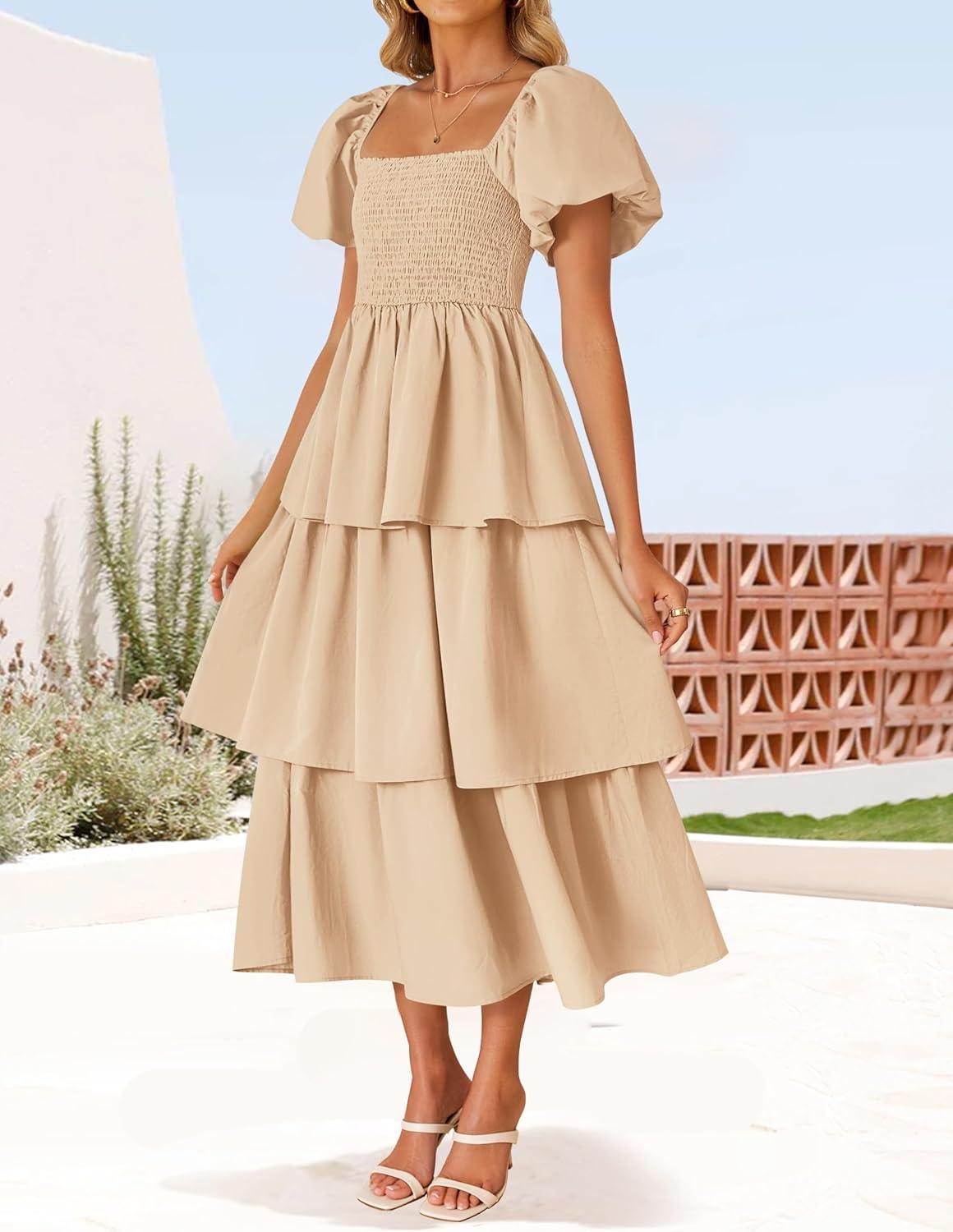 imageZESICA Womens Summer Puff Sleeve Midi Dress 2026 Casual Flowy A Line Tiered Wedding Guest Beach Vacation Long DressesApricot
