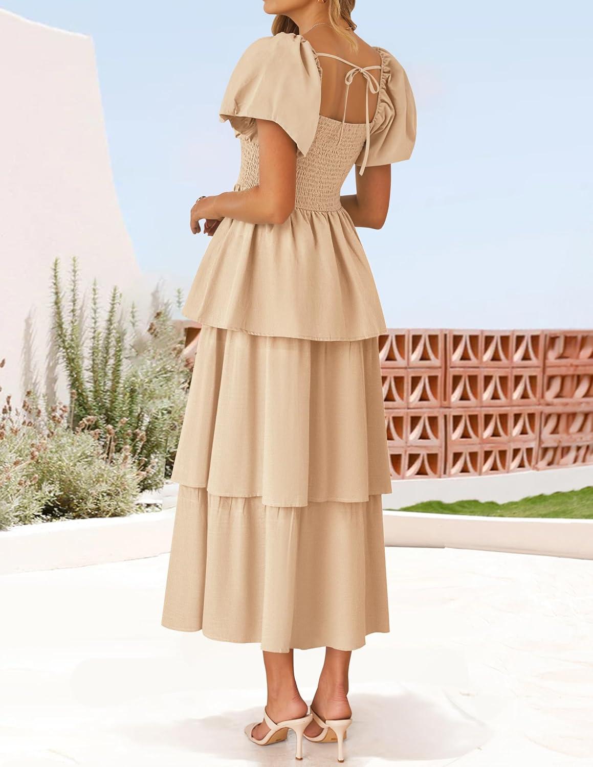 imageZESICA Womens Summer Puff Sleeve Midi Dress 2026 Casual Flowy A Line Tiered Wedding Guest Beach Vacation Long DressesApricot