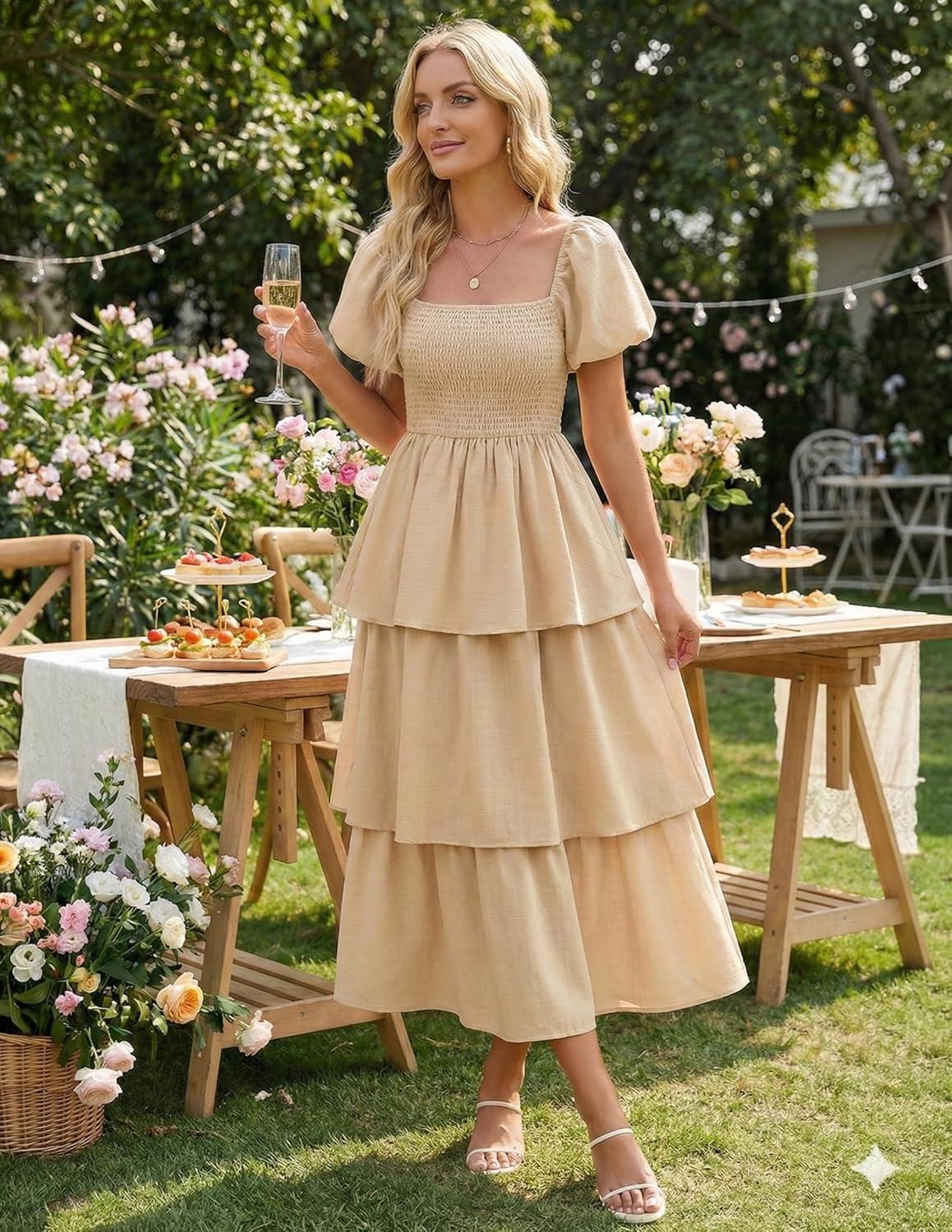 imageZESICA Womens Summer Puff Sleeve Midi Dress 2026 Casual Flowy A Line Tiered Wedding Guest Beach Vacation Long DressesApricot