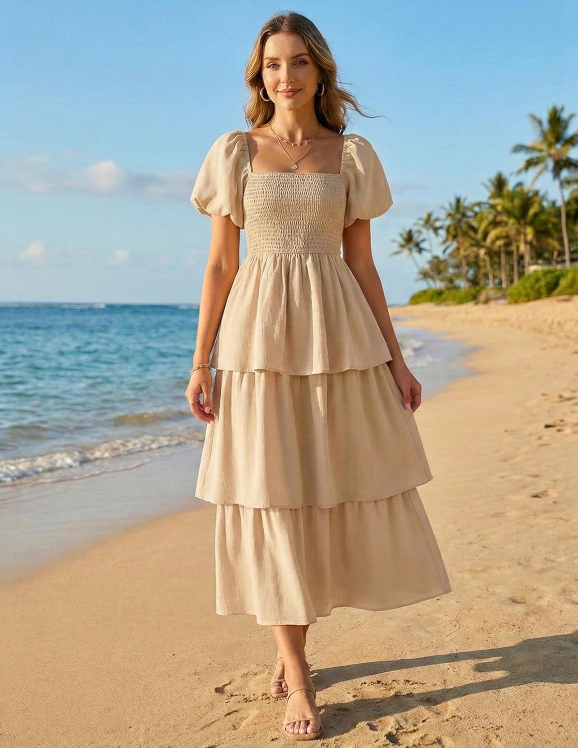imageZESICA Womens Summer Puff Sleeve Midi Dress 2026 Casual Flowy A Line Tiered Wedding Guest Beach Vacation Long DressesApricot