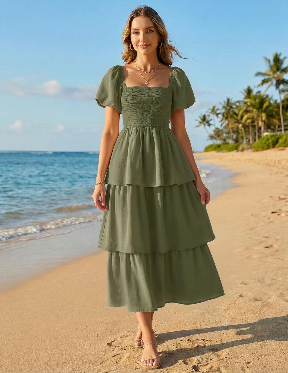 imageZESICA Womens Summer Puff Sleeve Midi Dress 2026 Casual Flowy A Line Tiered Wedding Guest Beach Vacation Long DressesArmy Green