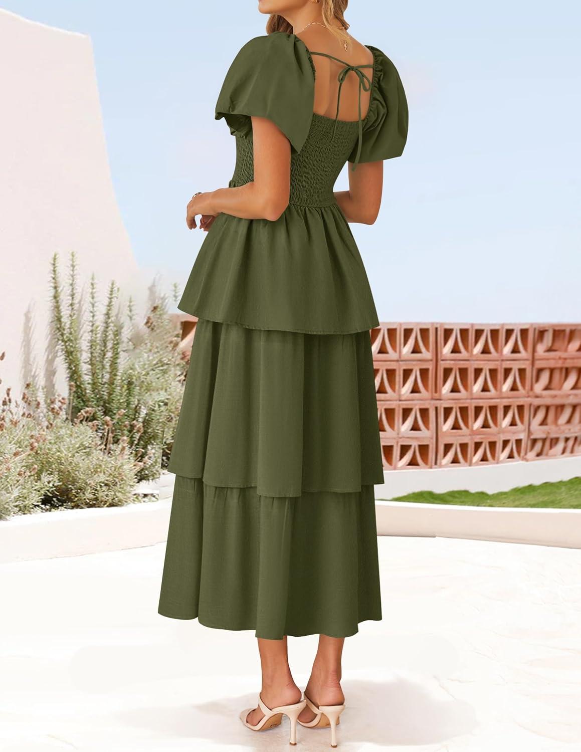 imageZESICA Womens Summer Puff Sleeve Midi Dress 2026 Casual Flowy A Line Tiered Wedding Guest Beach Vacation Long DressesArmy Green