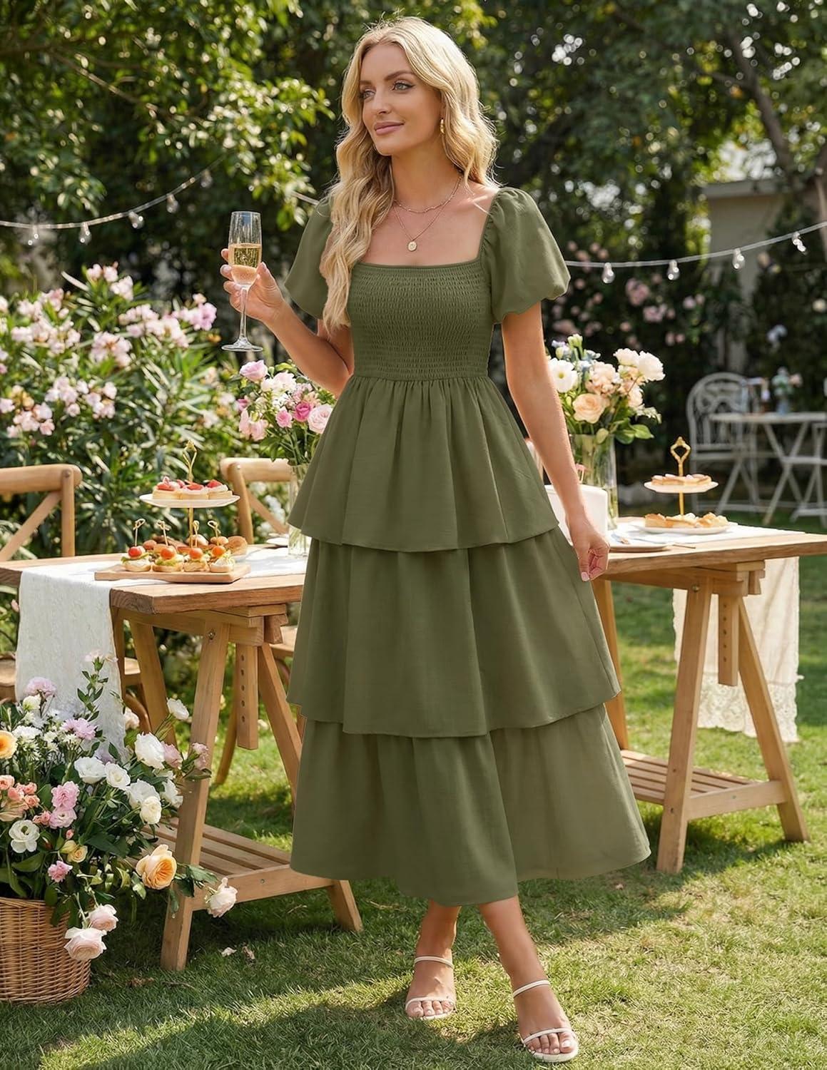 imageZESICA Womens Summer Puff Sleeve Midi Dress 2026 Casual Flowy A Line Tiered Wedding Guest Beach Vacation Long DressesArmy Green