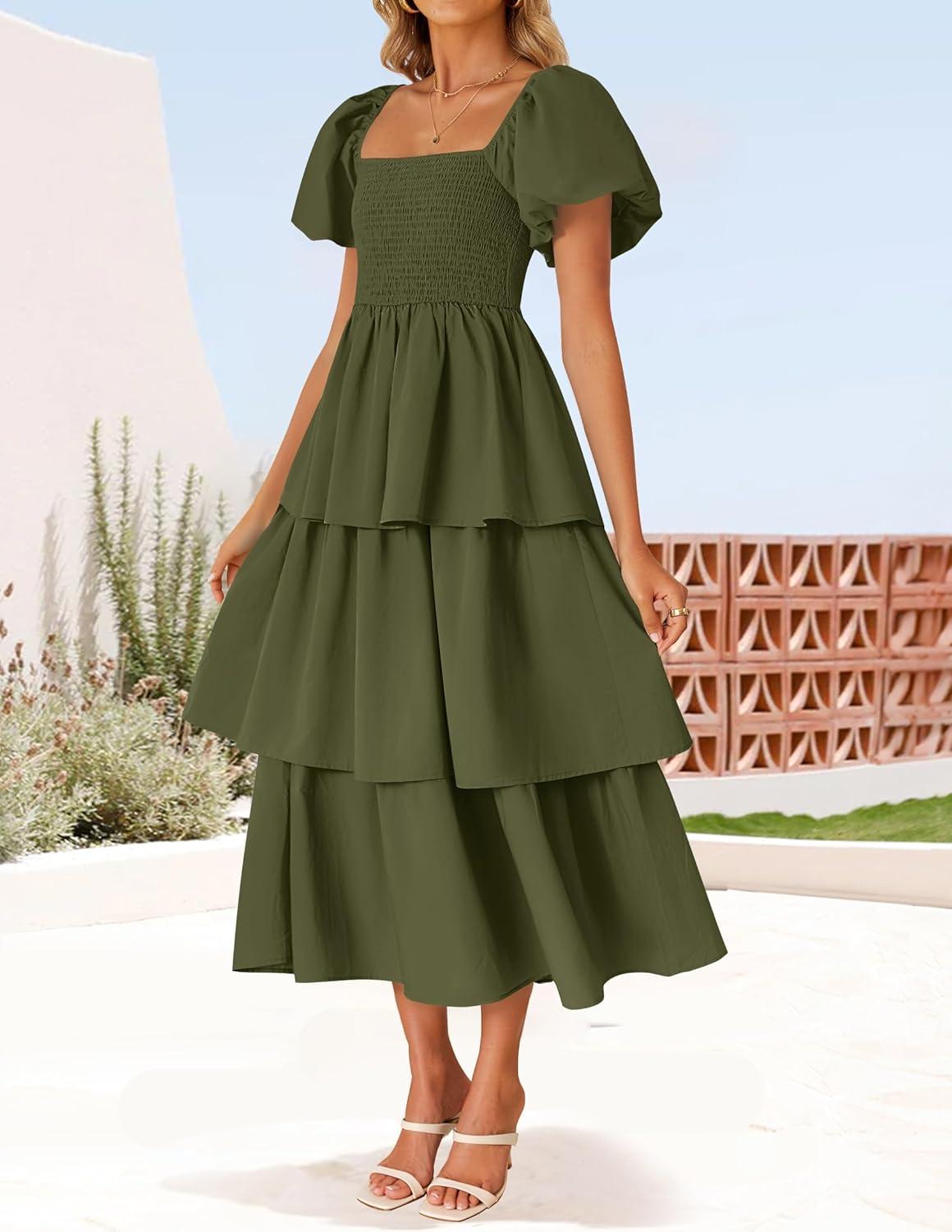 imageZESICA Womens Summer Puff Sleeve Midi Dress 2026 Casual Flowy A Line Tiered Wedding Guest Beach Vacation Long DressesArmy Green