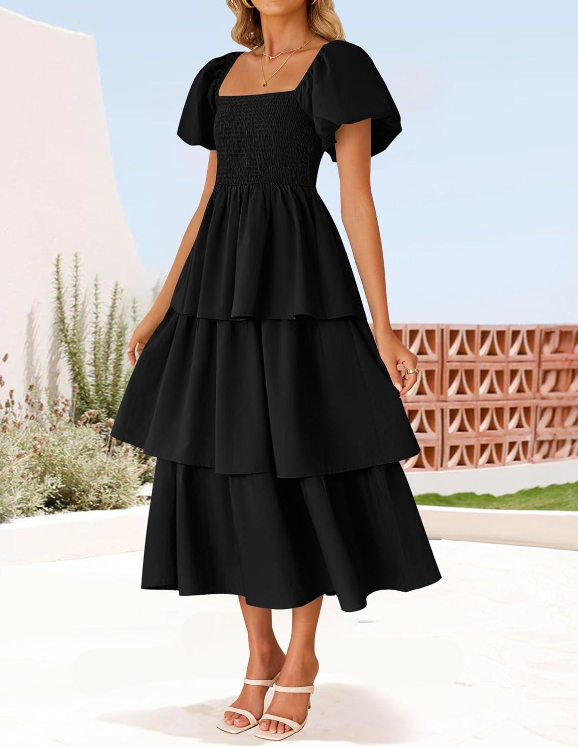 imageZESICA Womens Summer Puff Sleeve Midi Dress 2026 Casual Flowy A Line Tiered Wedding Guest Beach Vacation Long DressesBlack