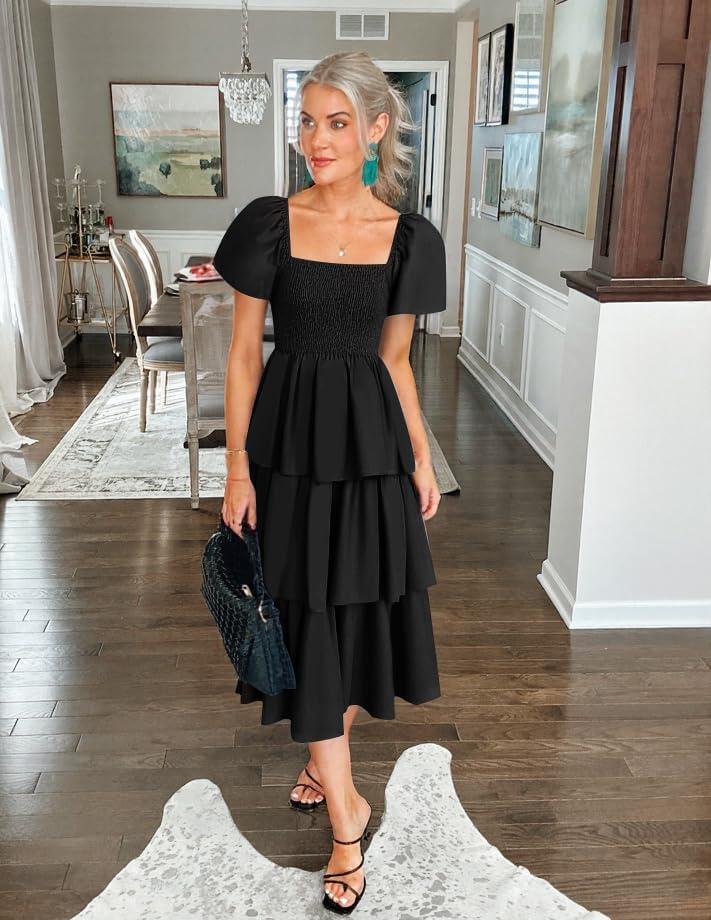 imageZESICA Womens Summer Puff Sleeve Midi Dress 2026 Casual Flowy A Line Tiered Wedding Guest Beach Vacation Long DressesBlack