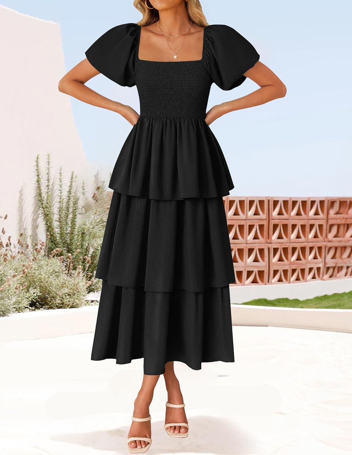 imageZESICA Womens Summer Puff Sleeve Midi Dress 2026 Casual Flowy A Line Tiered Wedding Guest Beach Vacation Long DressesBlack