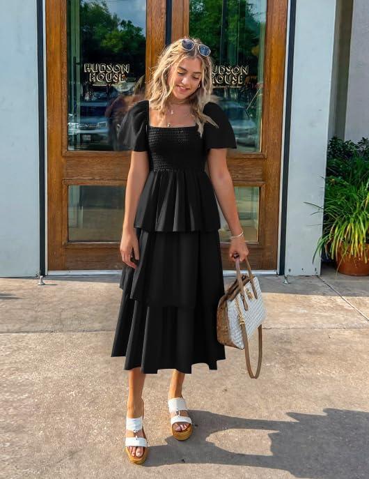 imageZESICA Womens Summer Puff Sleeve Midi Dress 2026 Casual Flowy A Line Tiered Wedding Guest Beach Vacation Long DressesBlack