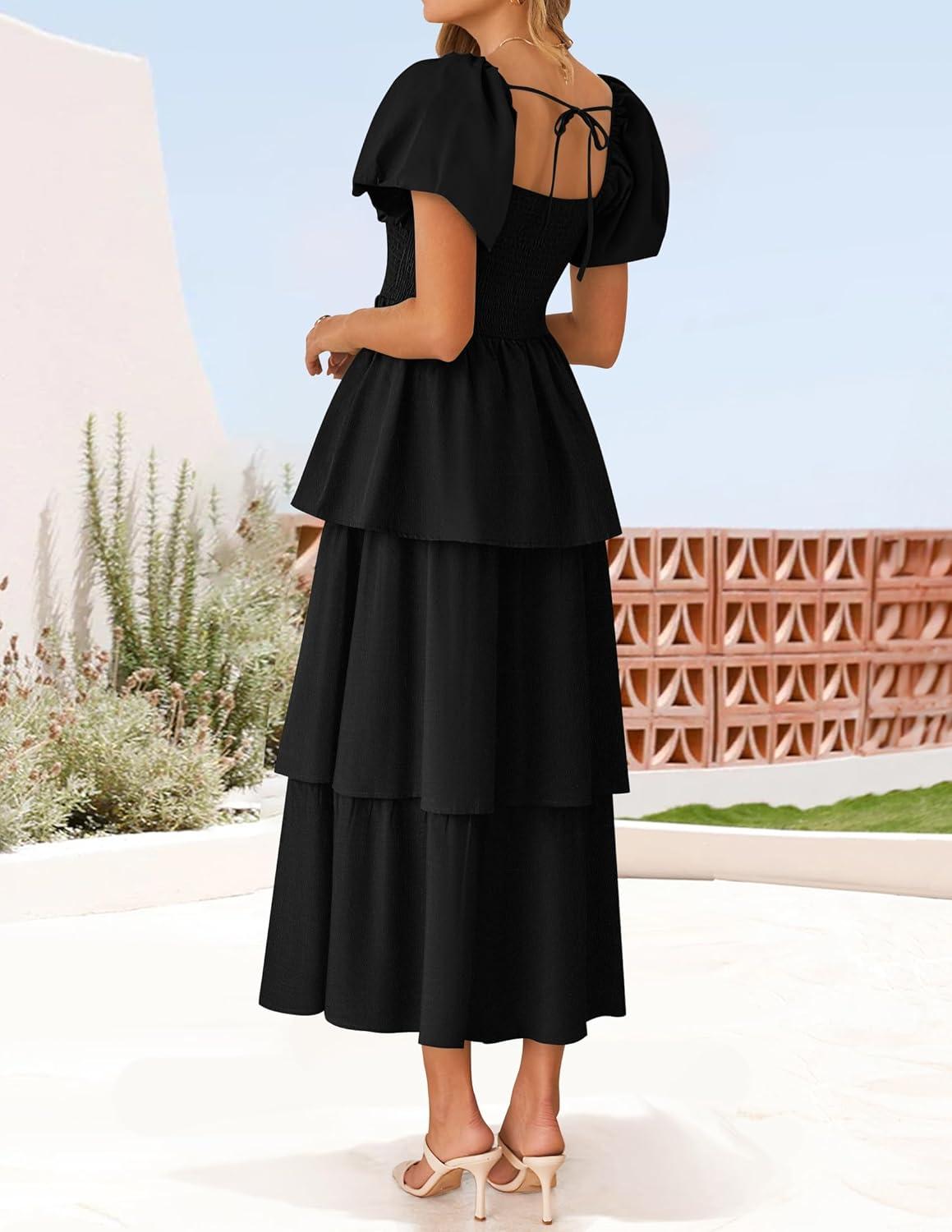 imageZESICA Womens Summer Puff Sleeve Midi Dress 2026 Casual Flowy A Line Tiered Wedding Guest Beach Vacation Long DressesBlack