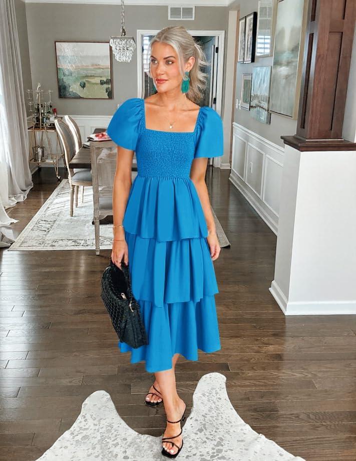 imageZESICA Womens Summer Puff Sleeve Midi Dress 2026 Casual Flowy A Line Tiered Wedding Guest Beach Vacation Long DressesBlue