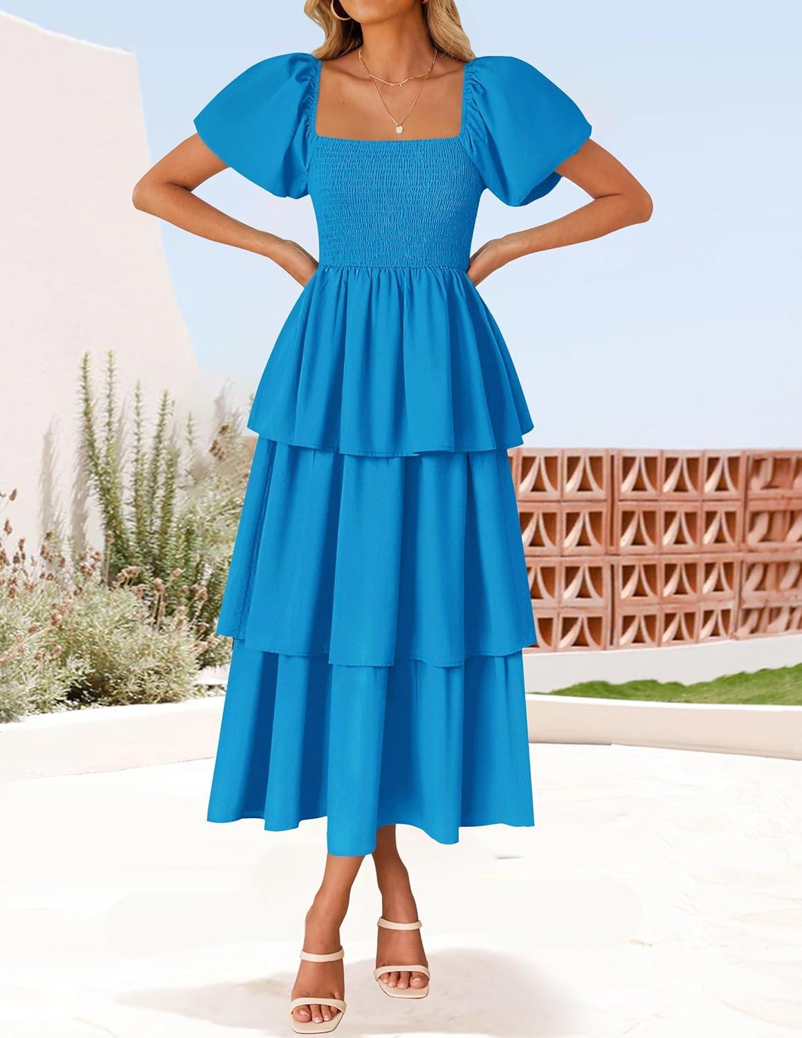 imageZESICA Womens Summer Puff Sleeve Midi Dress 2026 Casual Flowy A Line Tiered Wedding Guest Beach Vacation Long DressesBlue