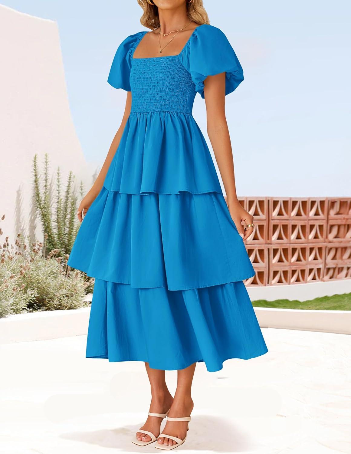 imageZESICA Womens Summer Puff Sleeve Midi Dress 2026 Casual Flowy A Line Tiered Wedding Guest Beach Vacation Long DressesBlue