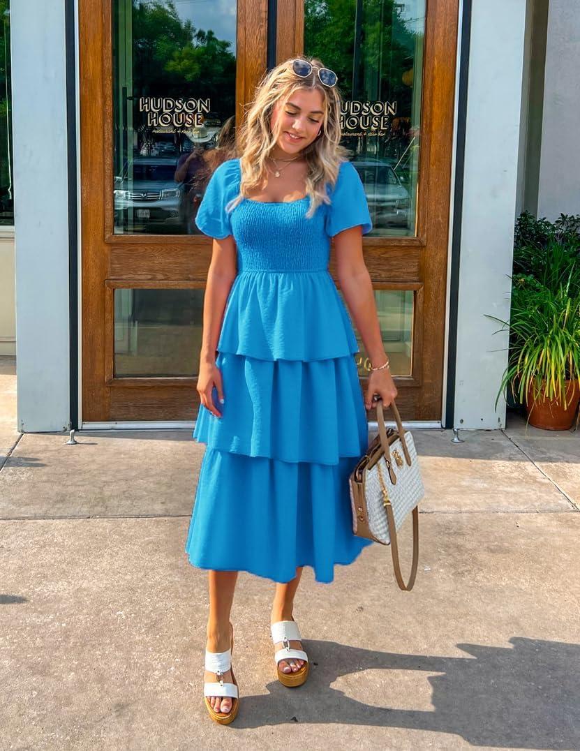 imageZESICA Womens Summer Puff Sleeve Midi Dress 2026 Casual Flowy A Line Tiered Wedding Guest Beach Vacation Long DressesBlue