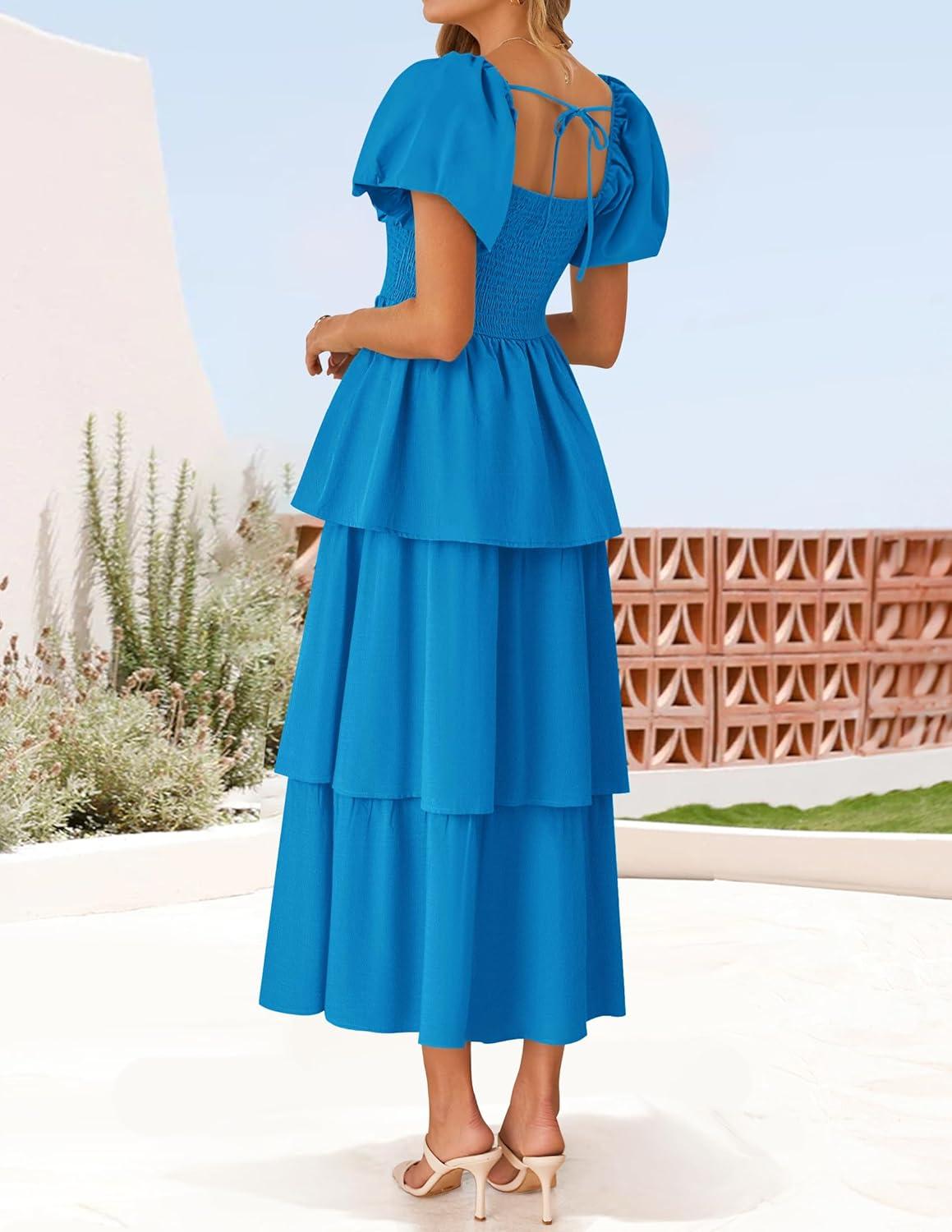 imageZESICA Womens Summer Puff Sleeve Midi Dress 2026 Casual Flowy A Line Tiered Wedding Guest Beach Vacation Long DressesBlue