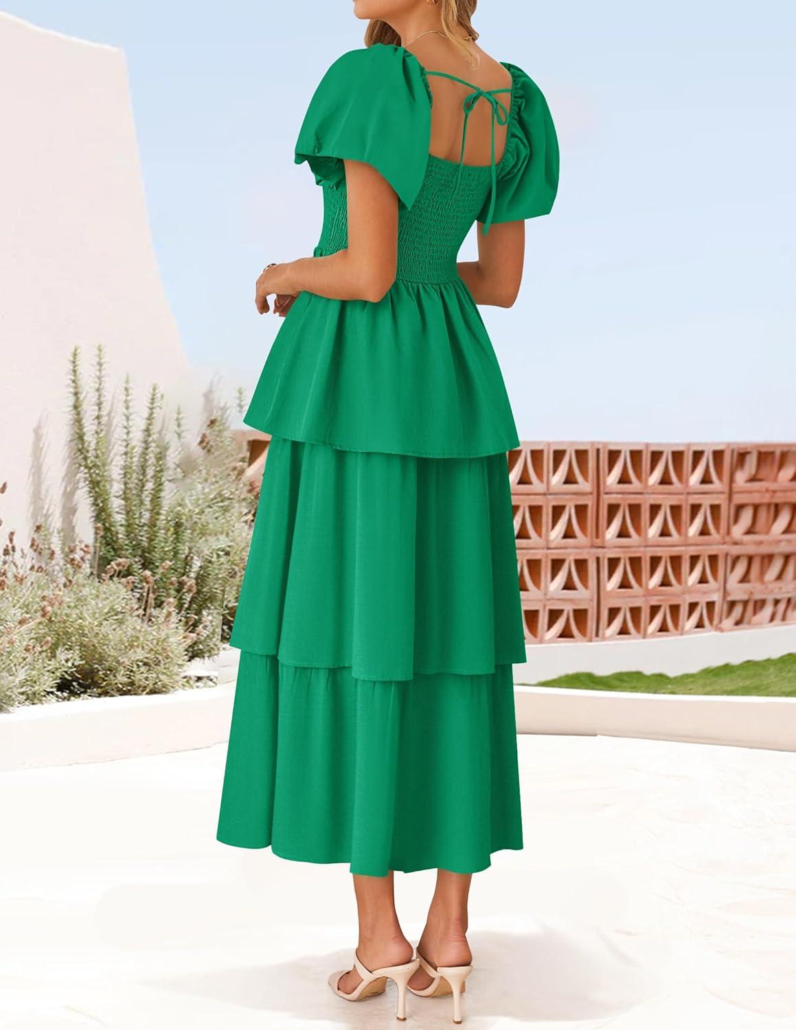 imageZESICA Womens Summer Puff Sleeve Midi Dress 2026 Casual Flowy A Line Tiered Wedding Guest Beach Vacation Long DressesGreen