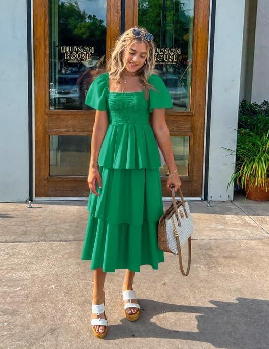 imageZESICA Womens Summer Puff Sleeve Midi Dress 2026 Casual Flowy A Line Tiered Wedding Guest Beach Vacation Long DressesGreen