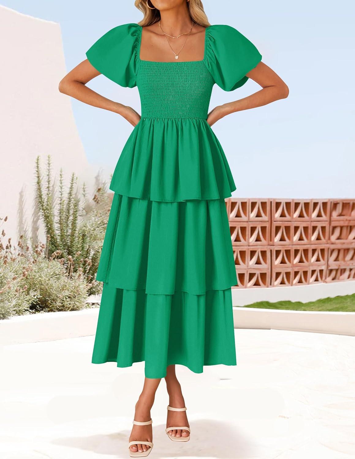 imageZESICA Womens Summer Puff Sleeve Midi Dress 2026 Casual Flowy A Line Tiered Wedding Guest Beach Vacation Long DressesGreen