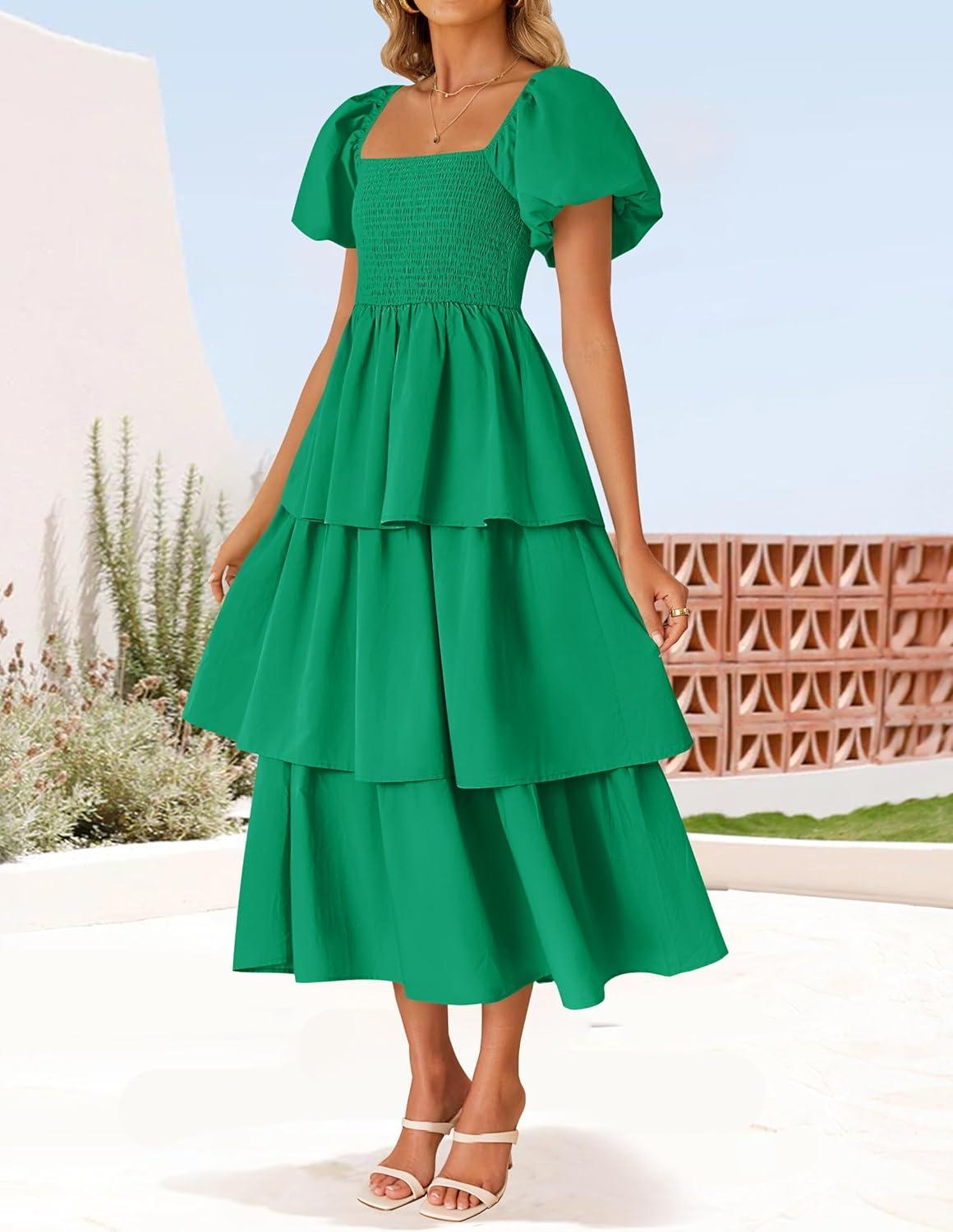 imageZESICA Womens Summer Puff Sleeve Midi Dress 2026 Casual Flowy A Line Tiered Wedding Guest Beach Vacation Long DressesGreen
