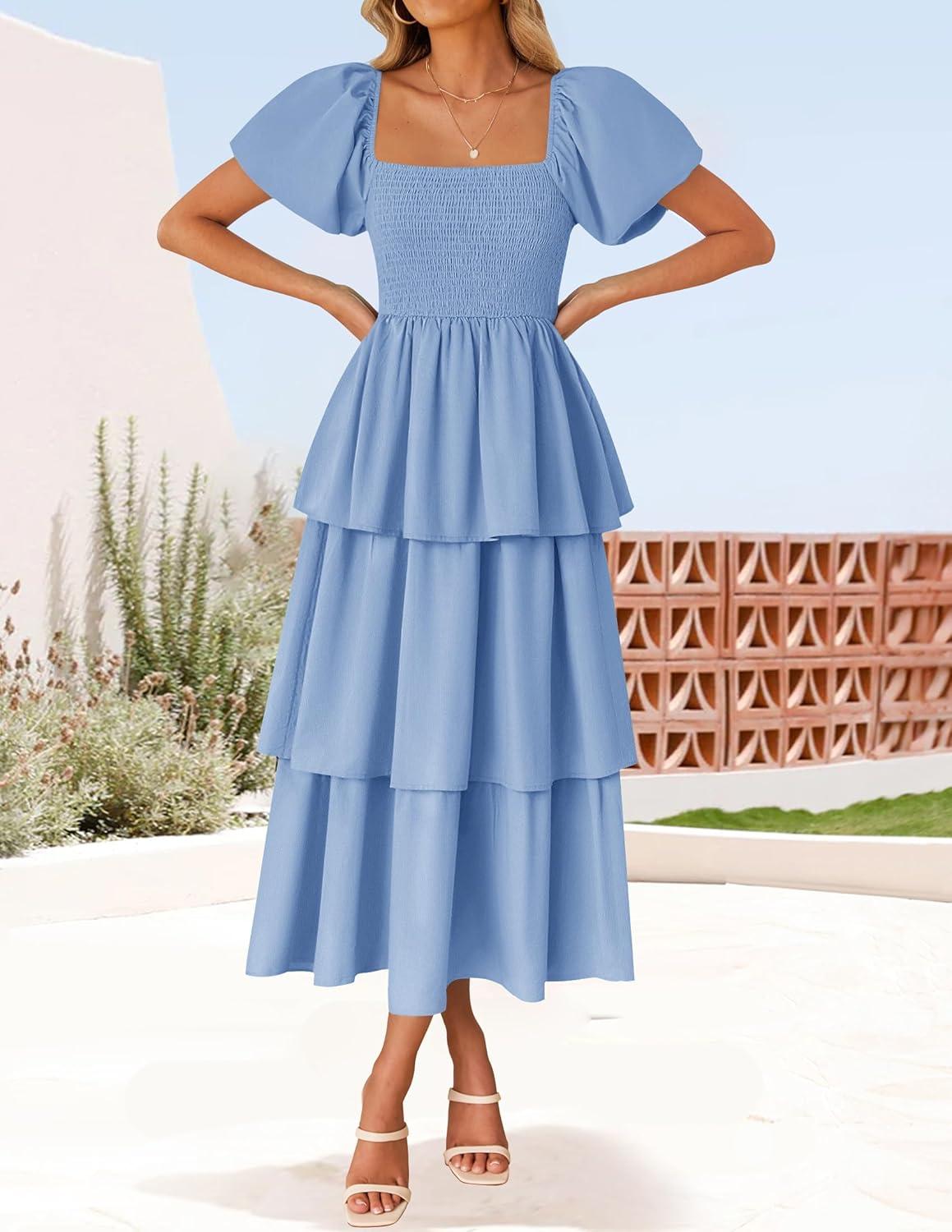 imageZESICA Womens Summer Puff Sleeve Midi Dress 2026 Casual Flowy A Line Tiered Wedding Guest Beach Vacation Long DressesLight Blue