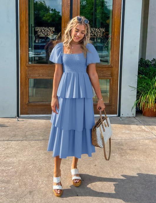 imageZESICA Womens Summer Puff Sleeve Midi Dress 2026 Casual Flowy A Line Tiered Wedding Guest Beach Vacation Long DressesLight Blue