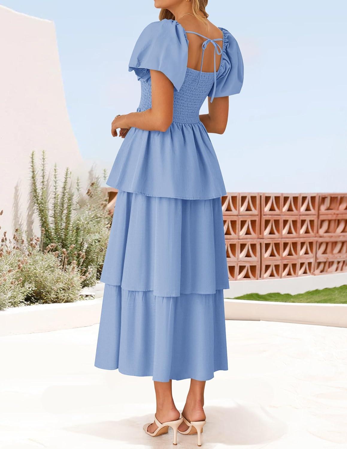 imageZESICA Womens Summer Puff Sleeve Midi Dress 2026 Casual Flowy A Line Tiered Wedding Guest Beach Vacation Long DressesLight Blue