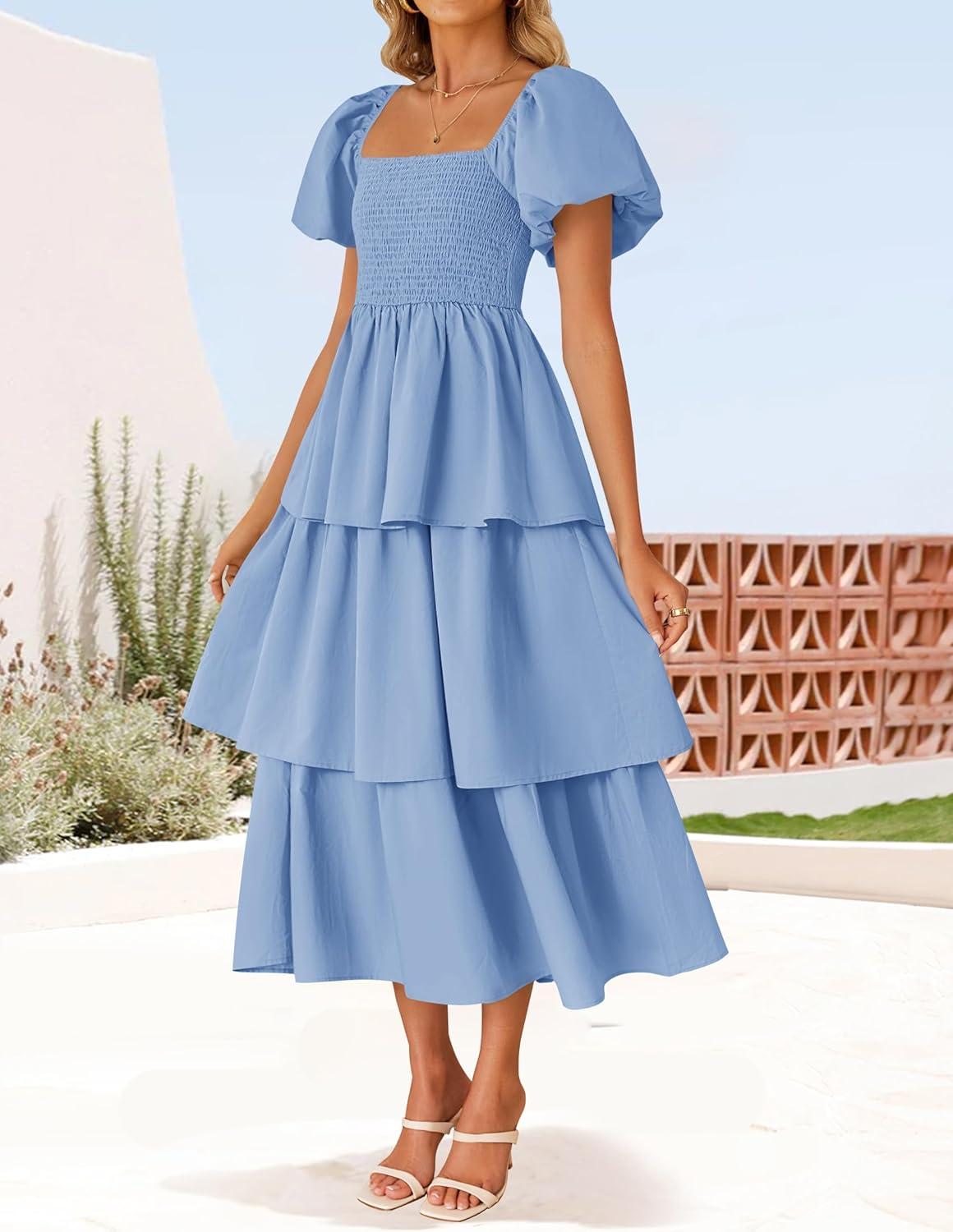imageZESICA Womens Summer Puff Sleeve Midi Dress 2026 Casual Flowy A Line Tiered Wedding Guest Beach Vacation Long DressesLight Blue