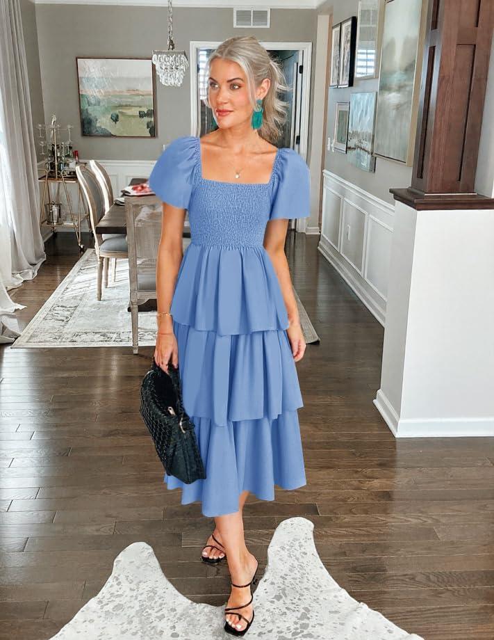 imageZESICA Womens Summer Puff Sleeve Midi Dress 2026 Casual Flowy A Line Tiered Wedding Guest Beach Vacation Long DressesLight Blue