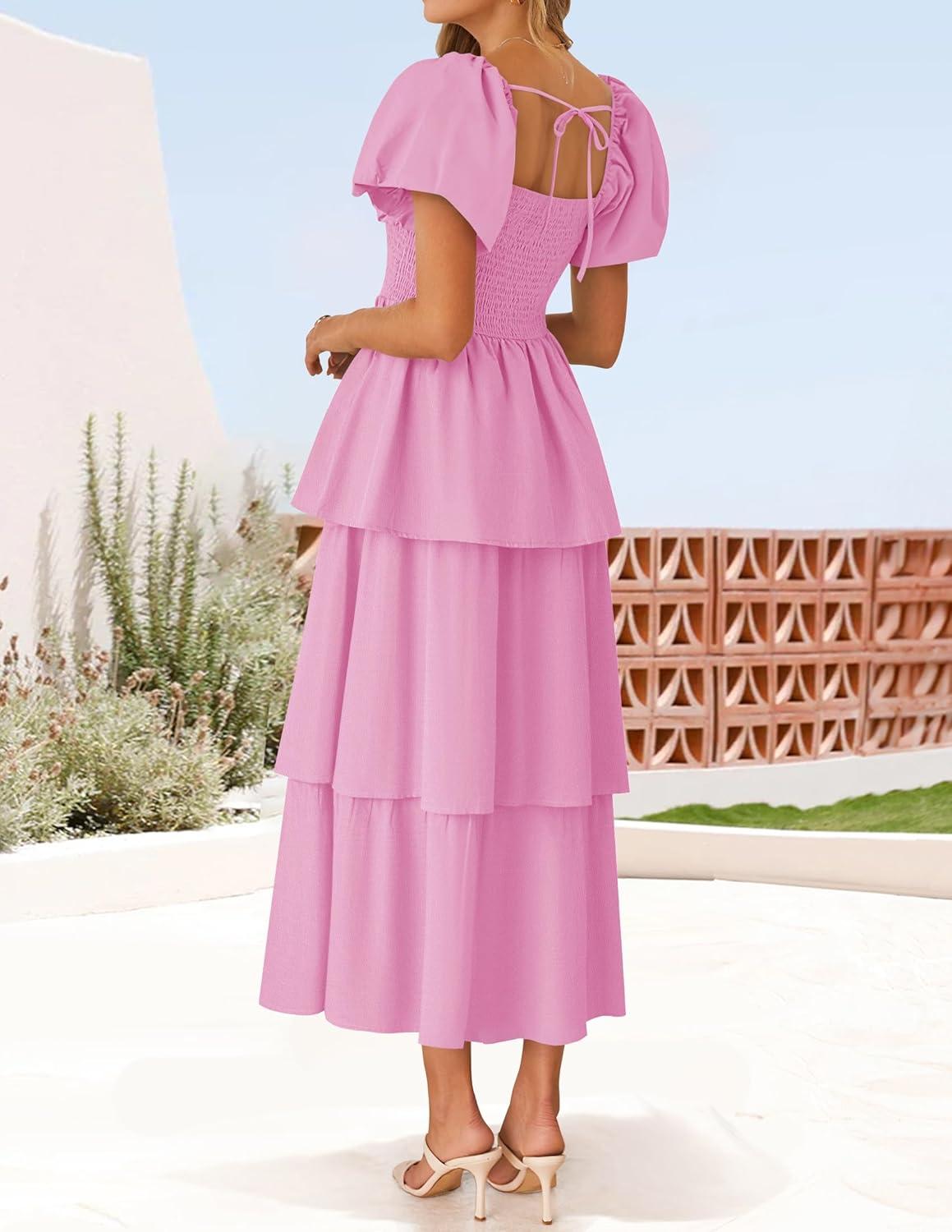 imageZESICA Womens Summer Puff Sleeve Midi Dress 2026 Casual Flowy A Line Tiered Wedding Guest Beach Vacation Long DressesPink