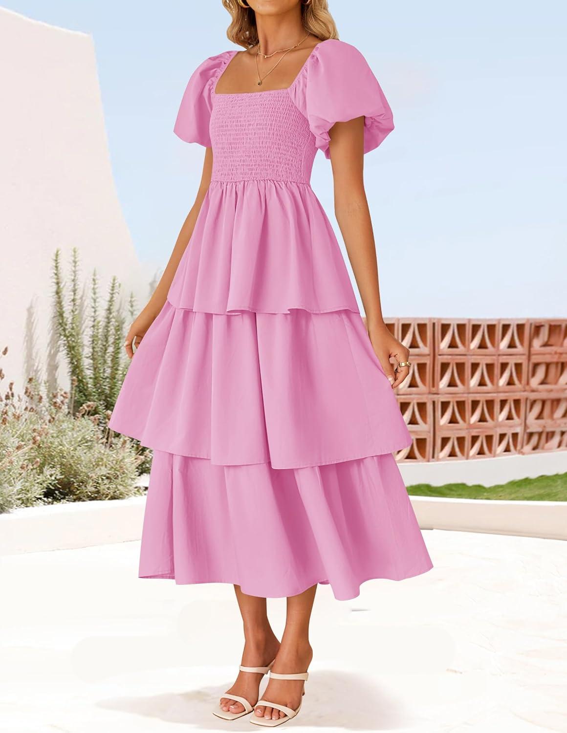 imageZESICA Womens Summer Puff Sleeve Midi Dress 2026 Casual Flowy A Line Tiered Wedding Guest Beach Vacation Long DressesPink