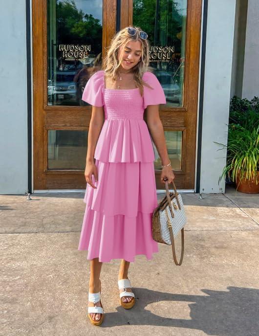 imageZESICA Womens Summer Puff Sleeve Midi Dress 2026 Casual Flowy A Line Tiered Wedding Guest Beach Vacation Long DressesPink