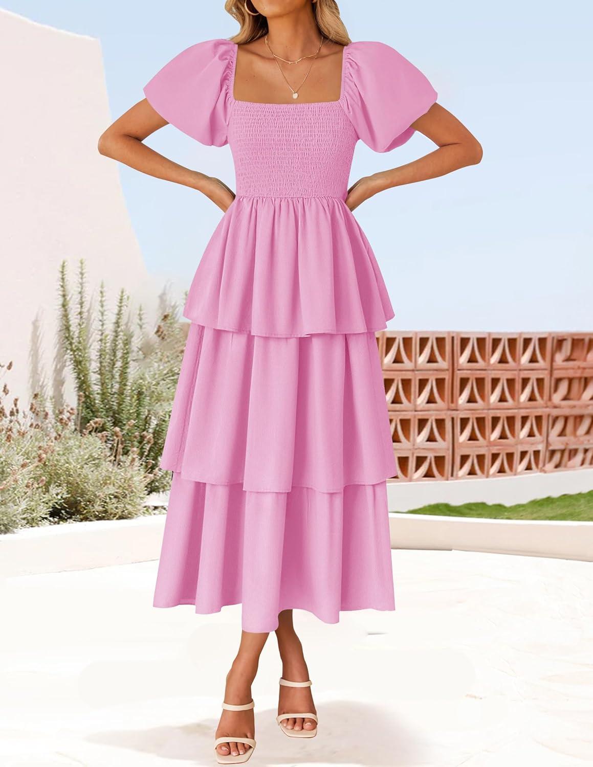 imageZESICA Womens Summer Puff Sleeve Midi Dress 2026 Casual Flowy A Line Tiered Wedding Guest Beach Vacation Long DressesPink